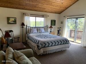 carpeted bedroom with access to exterior, wood ceiling, and vaulted ceiling