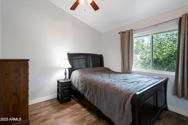 1406 E Jasper Dr, Chandler, AZ 85225 - bedroom featuring vaulted ceiling, wood finished floors, baseboards, and a ceiling fan