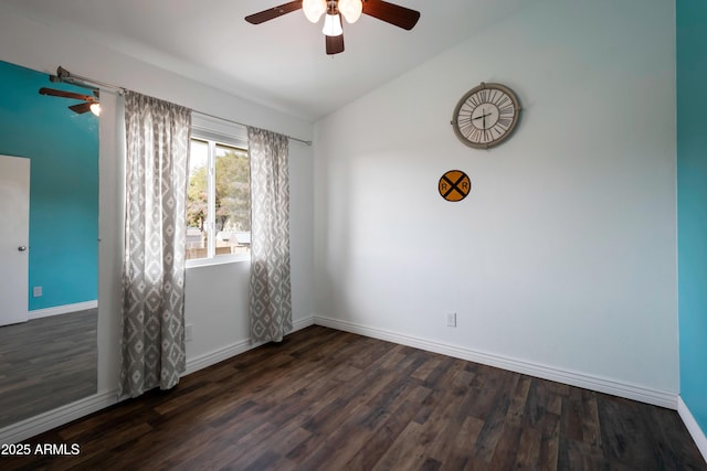 1406 E Jasper Dr, Chandler, AZ 85225 - unfurnished room featuring ceiling fan, vaulted ceiling, wood finished floors, and baseboards