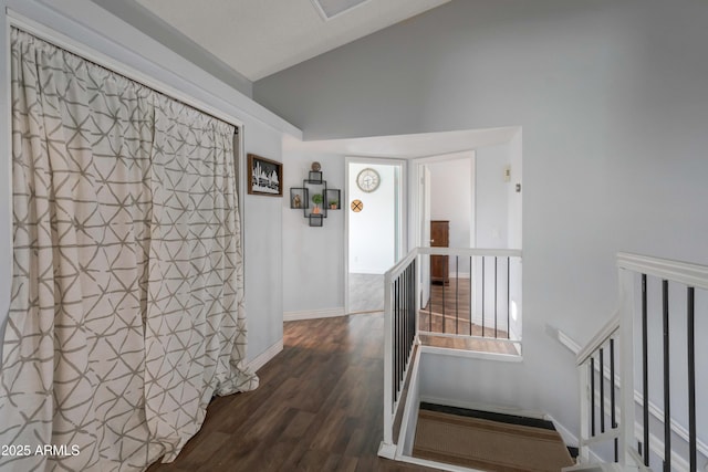 1406 E Jasper Dr, Chandler, AZ 85225 - hall featuring an upstairs landing, dark wood finished floors, lofted ceiling, and baseboards