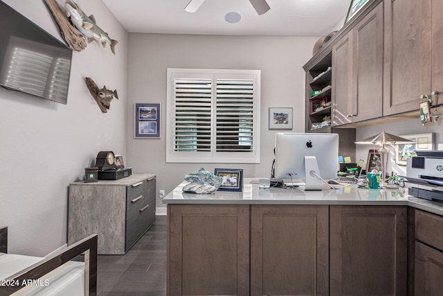 office area featuring ceiling fan and dark wood-type flooring