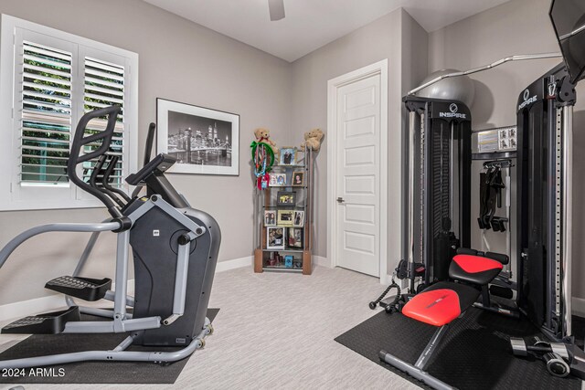 workout room with carpet and ceiling fan