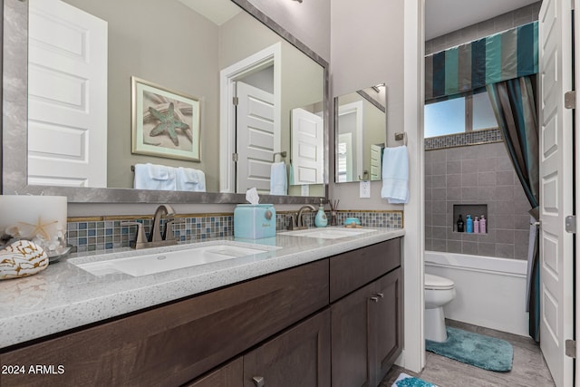 full bathroom with hardwood / wood-style floors, vanity,  shower combination, backsplash, and toilet