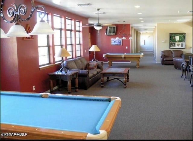 playroom with ceiling fan and pool table