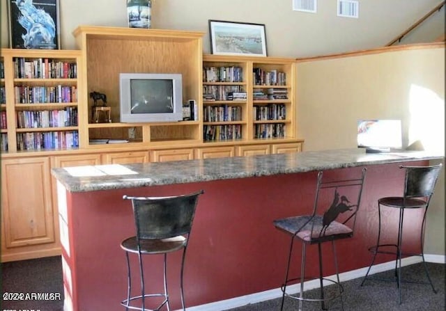 bar featuring dark colored carpet and light brown cabinets