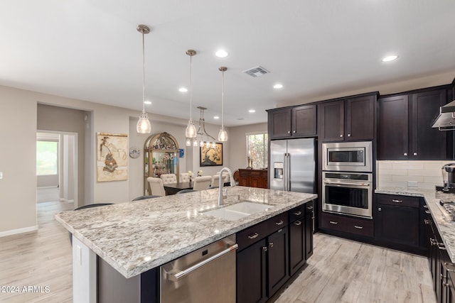 kitchen with light wood-type flooring, appliances with stainless steel finishes, an island with sink, backsplash, and sink