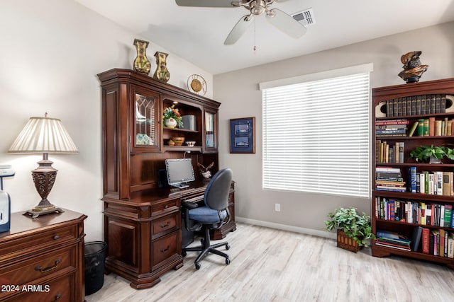 office space with ceiling fan and light hardwood / wood-style flooring