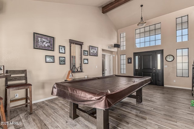 6133 E Saddleback St, Mesa, AZ 85215 - recreation room featuring beam ceiling, high vaulted ceiling, wood finished floors, baseboards, and pool table