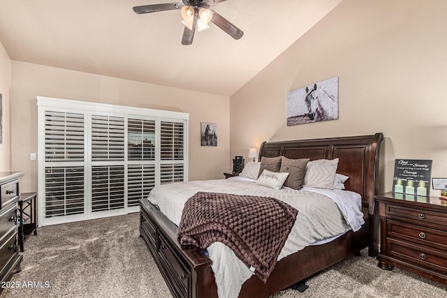 6133 E Saddleback St, Mesa, AZ 85215 - bedroom with carpet flooring, vaulted ceiling, a ceiling fan, and access to exterior