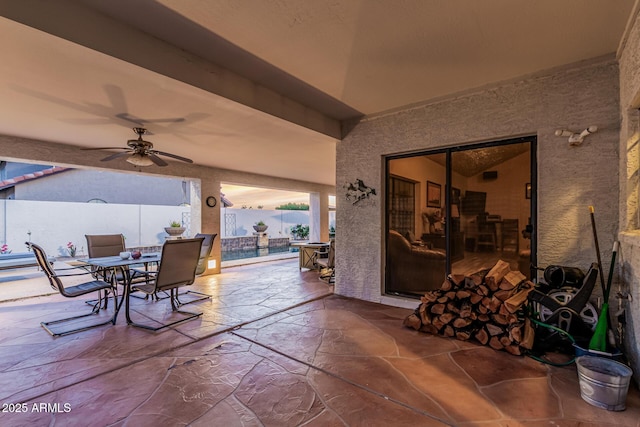 6133 E Saddleback St, Mesa, AZ 85215 - view of patio / terrace featuring ceiling fan, outdoor dining space, and a swimming pool
