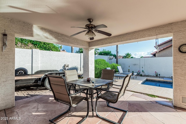 6133 E Saddleback St, Mesa, AZ 85215 - fenced backyard with ceiling fan, outdoor dining space, and a patio