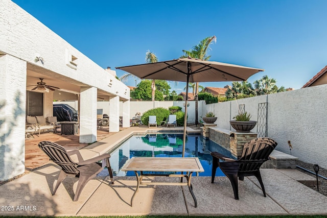 6133 E Saddleback St, Mesa, AZ 85215 - view of pool featuring a fenced backyard, a patio, and ceiling fan