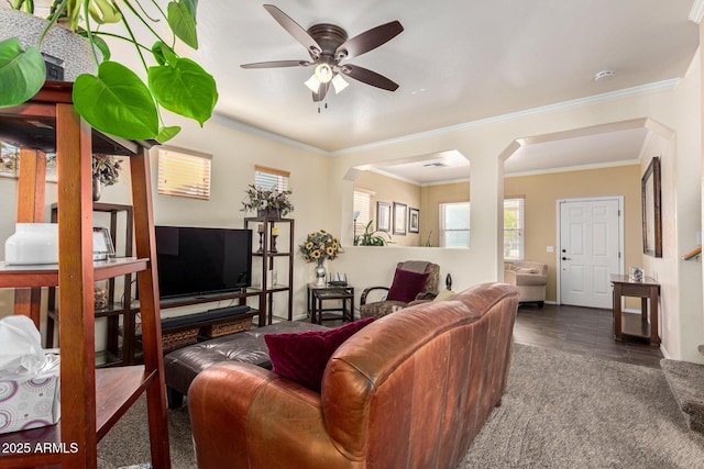 living room featuring ceiling fan, crown molding, and dark tile patterned floors