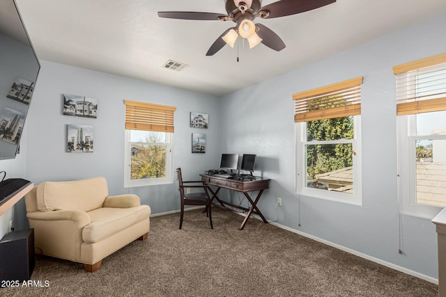 office area with carpet flooring and ceiling fan