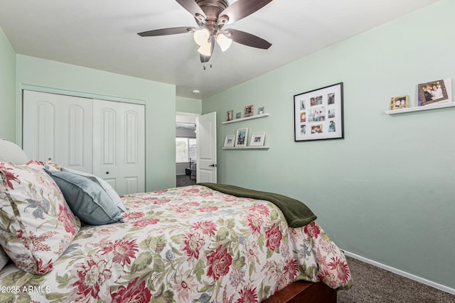 bedroom featuring ceiling fan, a closet, and carpet