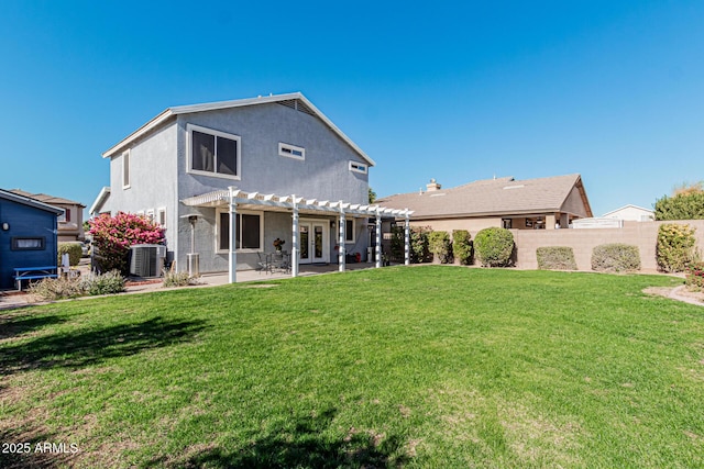 back of property featuring a lawn, french doors, a pergola, central air condition unit, and a patio