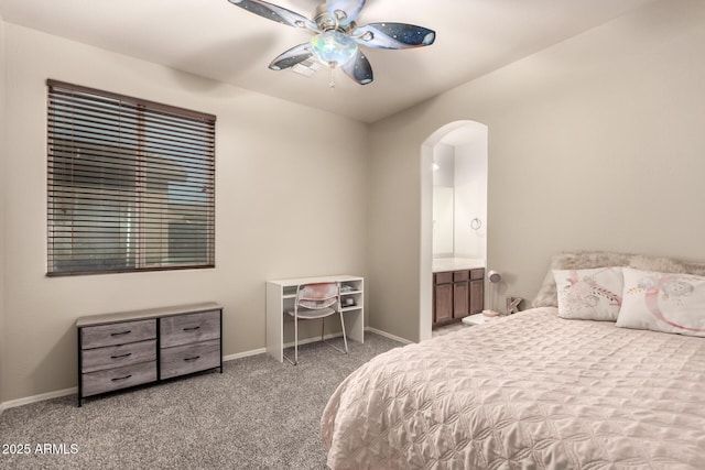 bedroom with ceiling fan and carpet flooring