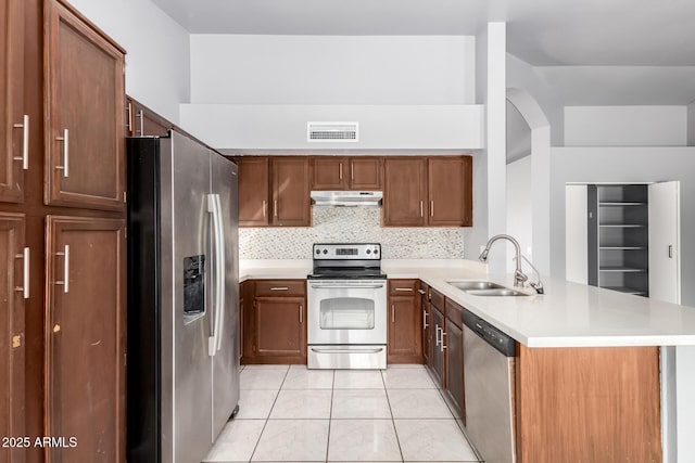 kitchen with under cabinet range hood, a peninsula, a sink, visible vents, and appliances with stainless steel finishes