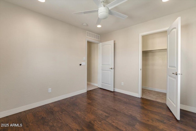 2868 E Binner Dr, Chandler, AZ 85225 - unfurnished bedroom featuring wood finished floors, baseboards, recessed lighting, a closet, and a ceiling fan