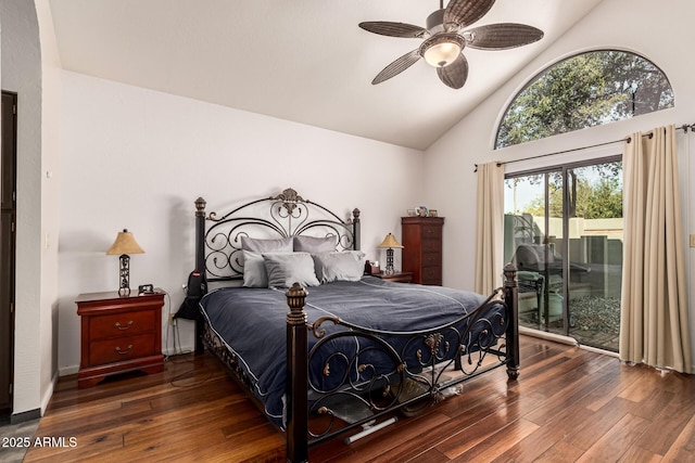 bedroom with access to outside, a ceiling fan, vaulted ceiling, and dark wood-style flooring