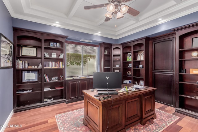 office area featuring light wood-style floors, coffered ceiling, and ornamental molding