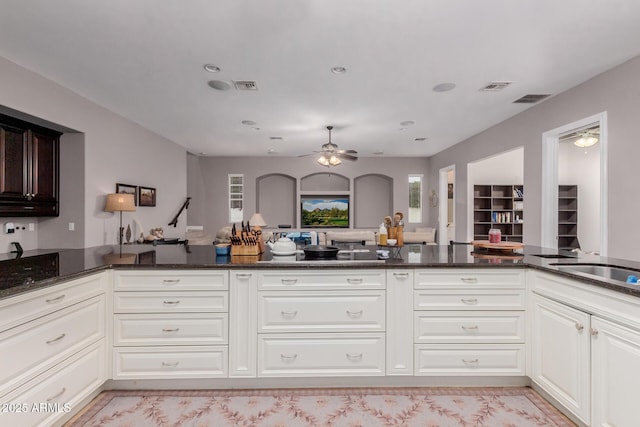 kitchen featuring dark stone counters, visible vents, and a ceiling fan