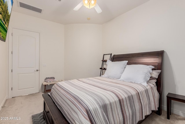 bedroom with baseboards, ceiling fan, visible vents, and carpet flooring