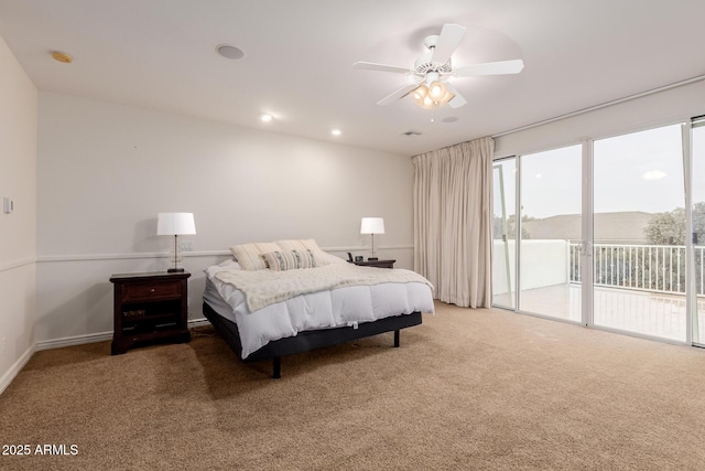 carpeted bedroom with access to exterior, recessed lighting, and a ceiling fan