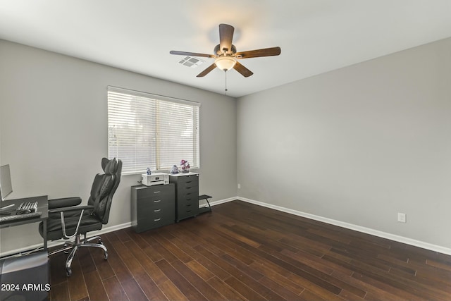 office with ceiling fan and dark hardwood / wood-style floors