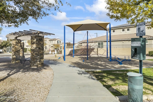 view of play area with a pergola