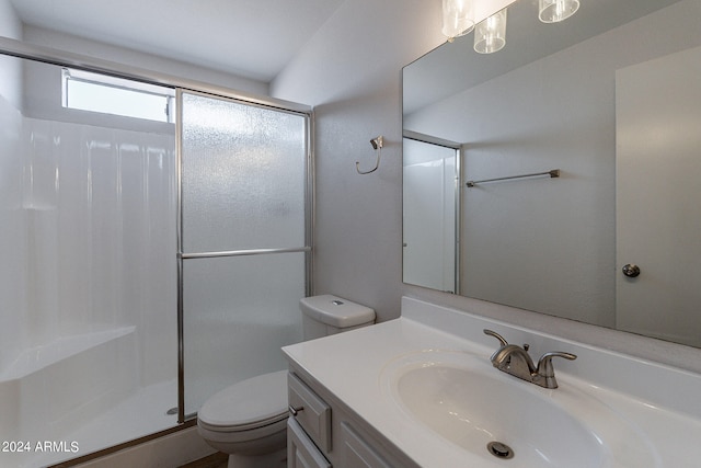 bathroom with vanity, toilet, and a shower with door