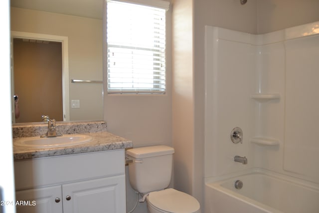 full bathroom featuring bathtub / shower combination, toilet, and vanity