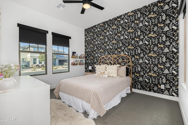 bedroom featuring carpet flooring and ceiling fan