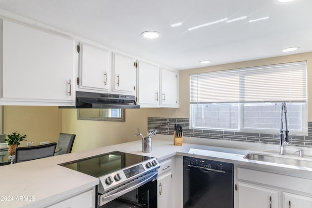 kitchen featuring backsplash, white cabinets, sink, dishwasher, and stainless steel electric range