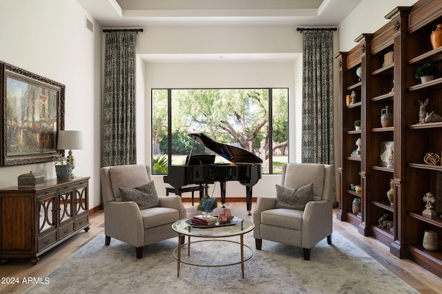 living area featuring light wood-type flooring and a raised ceiling