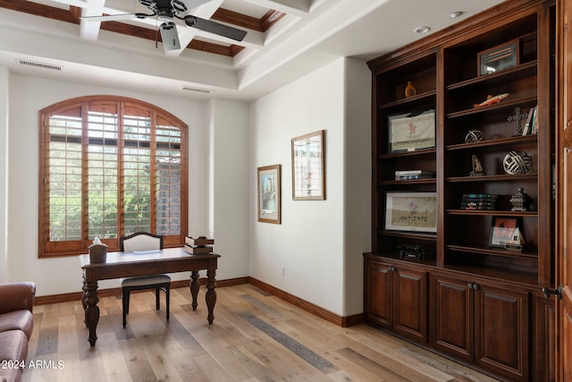 home office with light hardwood / wood-style floors, beam ceiling, coffered ceiling, and ceiling fan