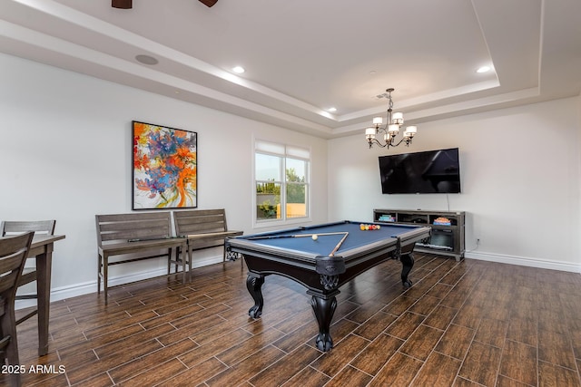 35443 N 87th Pl, Scottsdale, AZ 85266 - recreation room with a tray ceiling, wood finished floors, baseboards, pool table, and recessed lighting