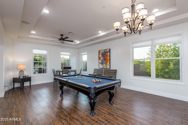 35443 N 87th Pl, Scottsdale, AZ 85266 - game room featuring a raised ceiling, baseboards, pool table, dark wood-style floors, and recessed lighting
