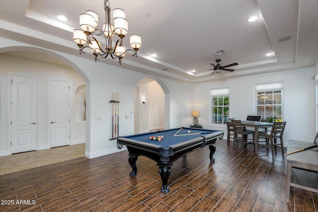 35443 N 87th Pl, Scottsdale, AZ 85266 - recreation room with a raised ceiling, wood tiled floors, a ceiling fan, arched walkways, and baseboards