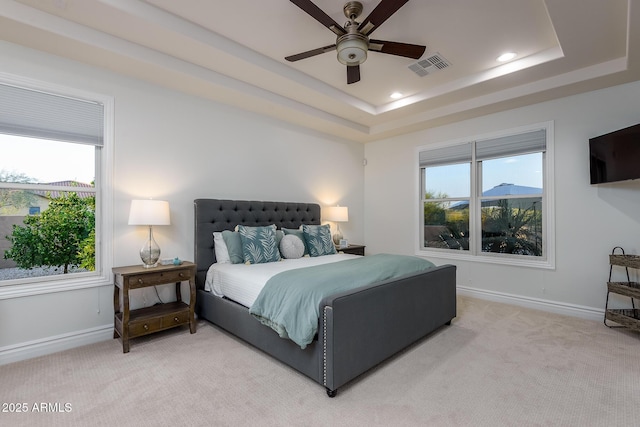 35443 N 87th Pl, Scottsdale, AZ 85266 - bedroom featuring a tray ceiling, light colored carpet, baseboards, and recessed lighting