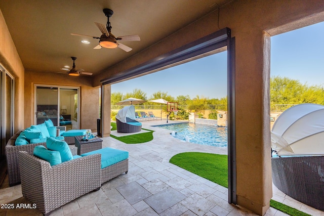 35443 N 87th Pl, Scottsdale, AZ 85266 - fenced backyard with a ceiling fan, outdoor lounge area, and a patio area