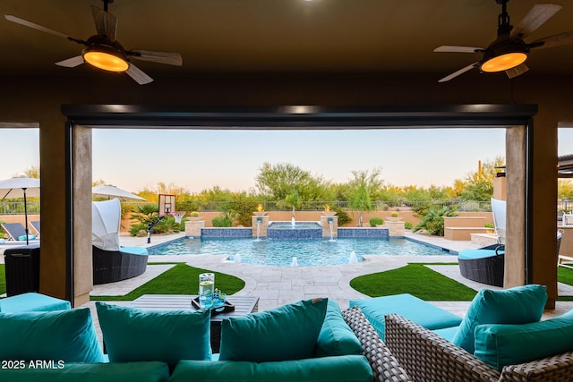 35443 N 87th Pl, Scottsdale, AZ 85266 - view of swimming pool with a ceiling fan, a fenced backyard, an outdoor hangout area, a pool with connected hot tub, and a patio