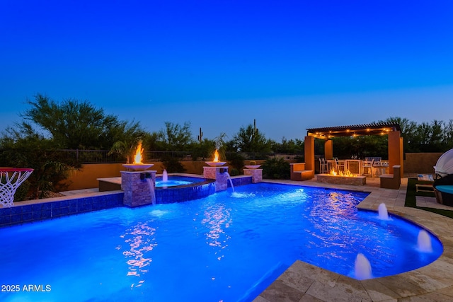 35443 N 87th Pl, Scottsdale, AZ 85266 - view of pool featuring a fire pit, a patio area, a fenced backyard, and a pool with connected hot tub