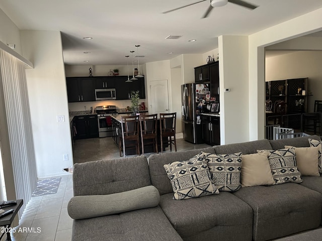 2665 E Gillcrest Rd, Gilbert, AZ 85298 - living area featuring ceiling fan, recessed lighting, visible vents, and light tile patterned floors