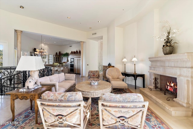 living room with a fireplace