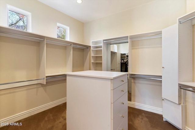 spacious closet with dark colored carpet