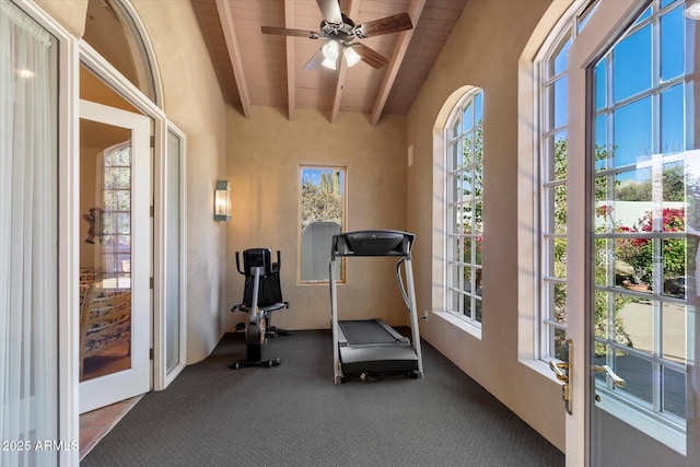 exercise area with ceiling fan, wood ceiling, and carpet flooring