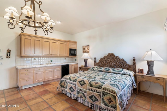 tiled bedroom featuring sink, wine cooler, and an inviting chandelier