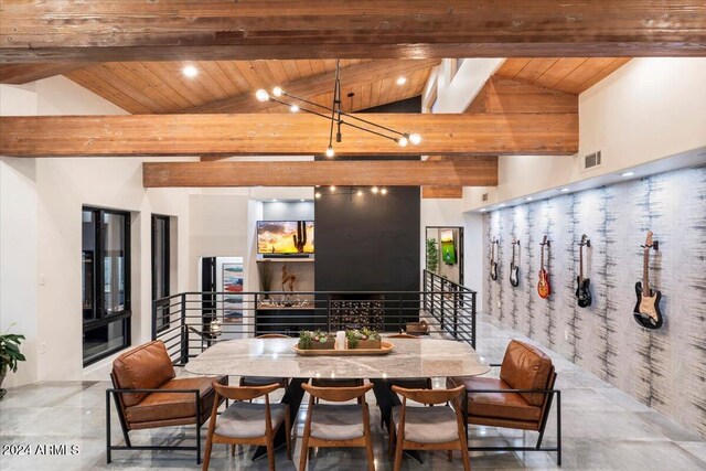 dining space featuring wood ceiling, high vaulted ceiling, and beamed ceiling