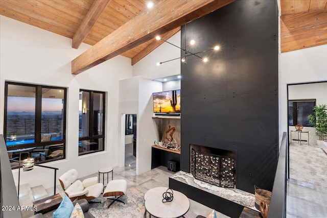 living room featuring wood ceiling, high vaulted ceiling, and beamed ceiling